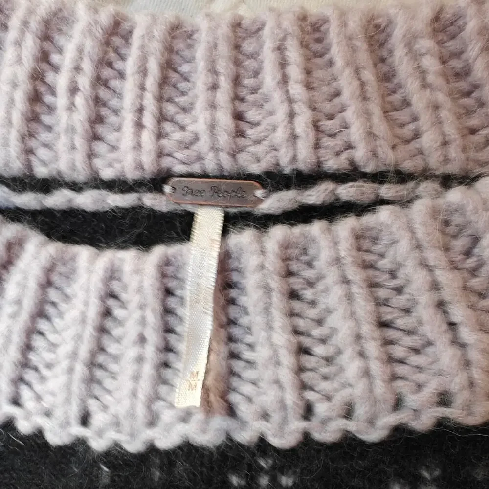 Free People Cropped Fair Isle Sweater Navy/Lavender Hearts Alpaca Wool Blend